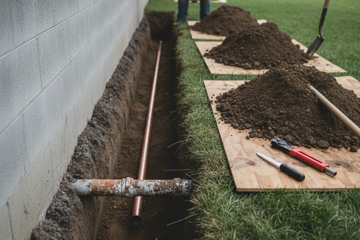 Excavated water line trench during Water Heater Repair in Martinsville